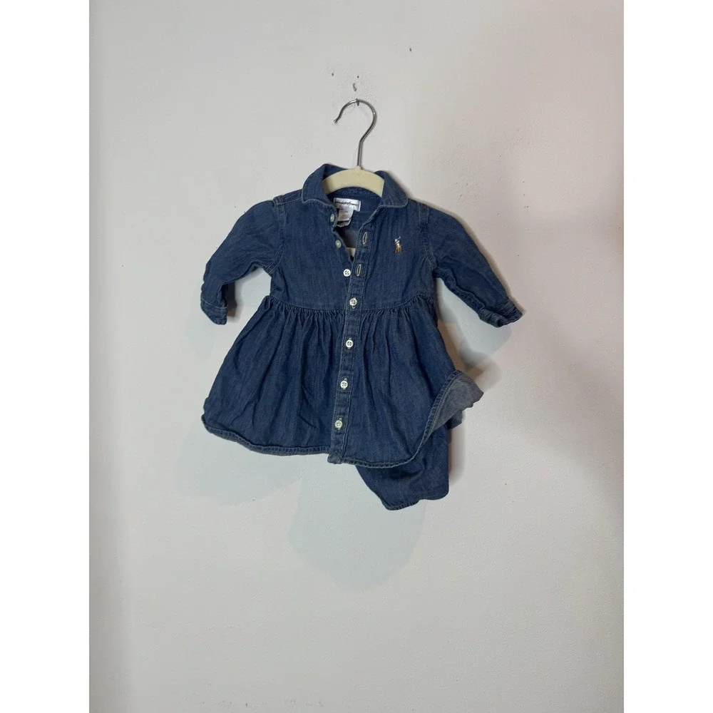 Ralph Lauren Denim Shirt Dress Set Baby Girls 0-3 Months Blue Long Sleeve